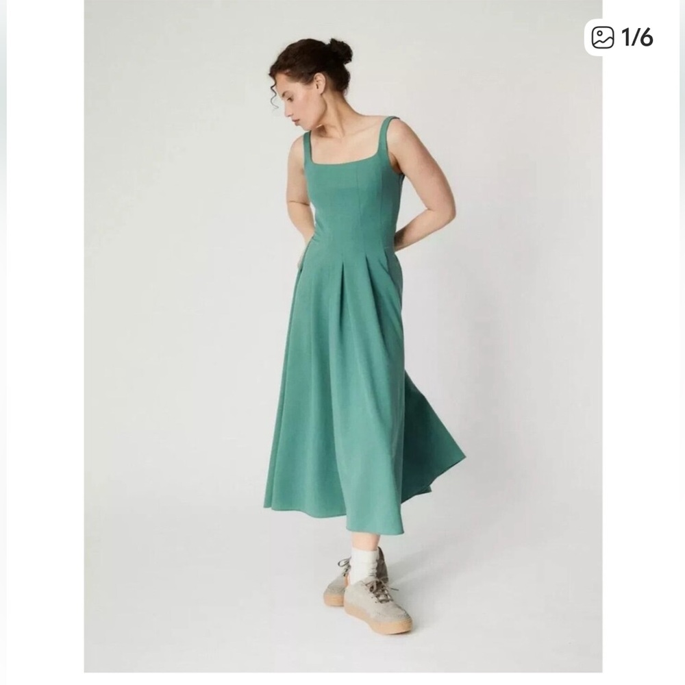 NEW COS Pleated Jersey Square Neck Teal Green Fit & Flare Maxi Dress, Large